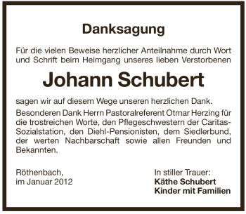 Traueranzeige von Johann Schubert von Pegnitz-Zeitung